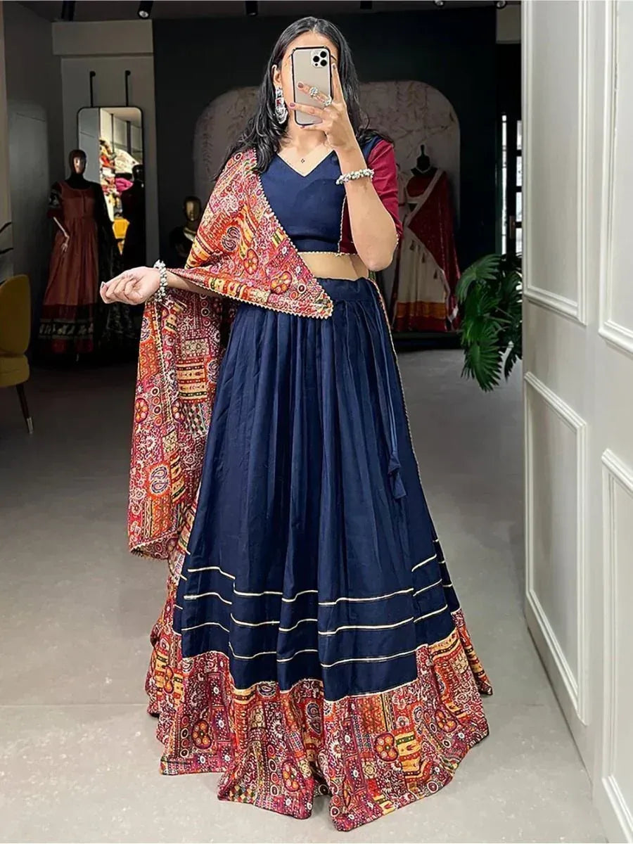 Navy blue lehenga choli with vibrant printed dupatta, perfect for Indian ethnic wear occasions