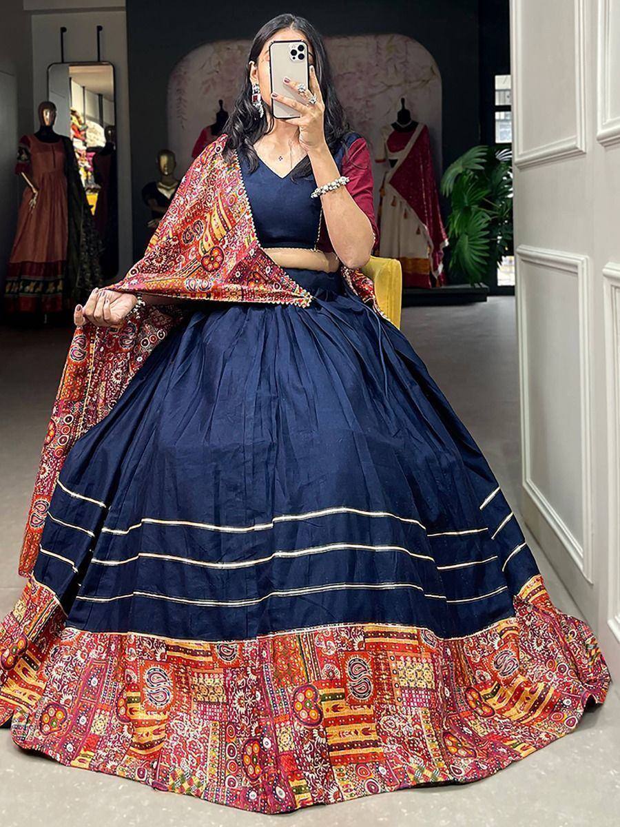 Navy blue lehenga choli with vibrant printed dupatta, perfect for Indian ethnic occasions