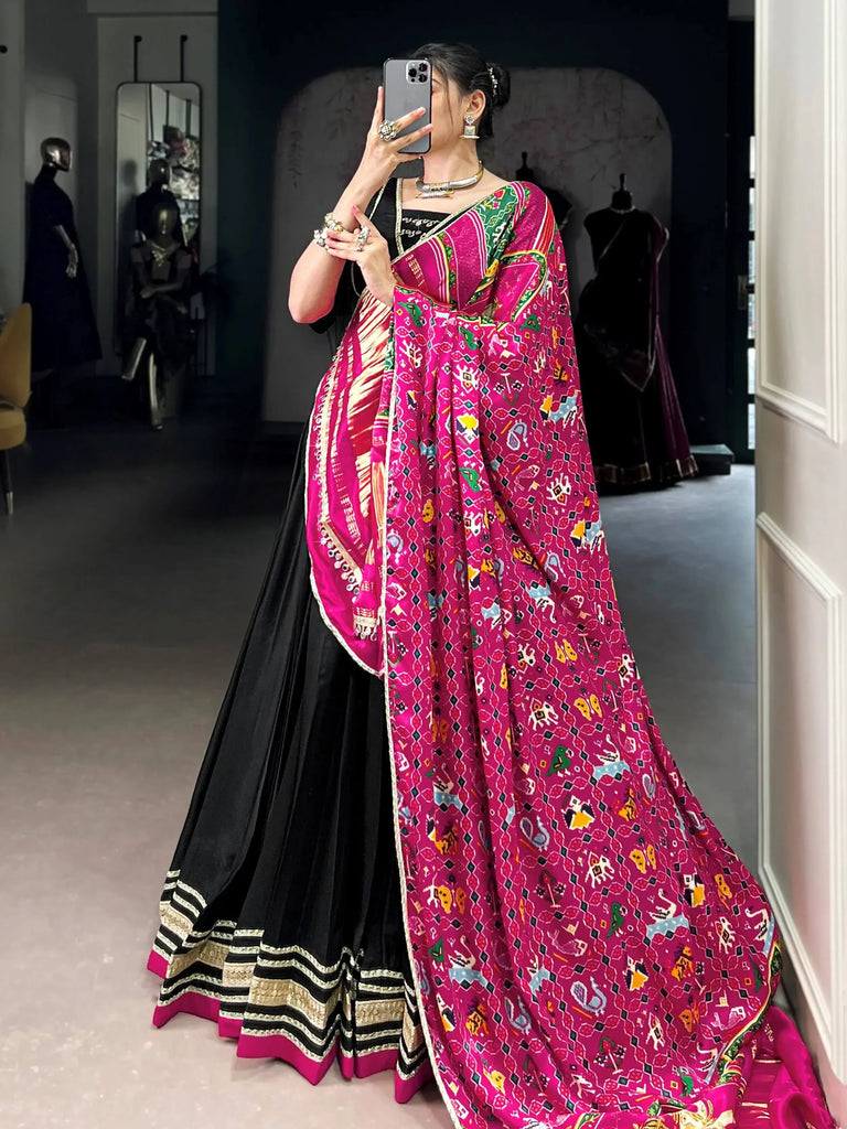 Awesome Black Georgette Patola Printed Navratri Wear Lehenga Choli