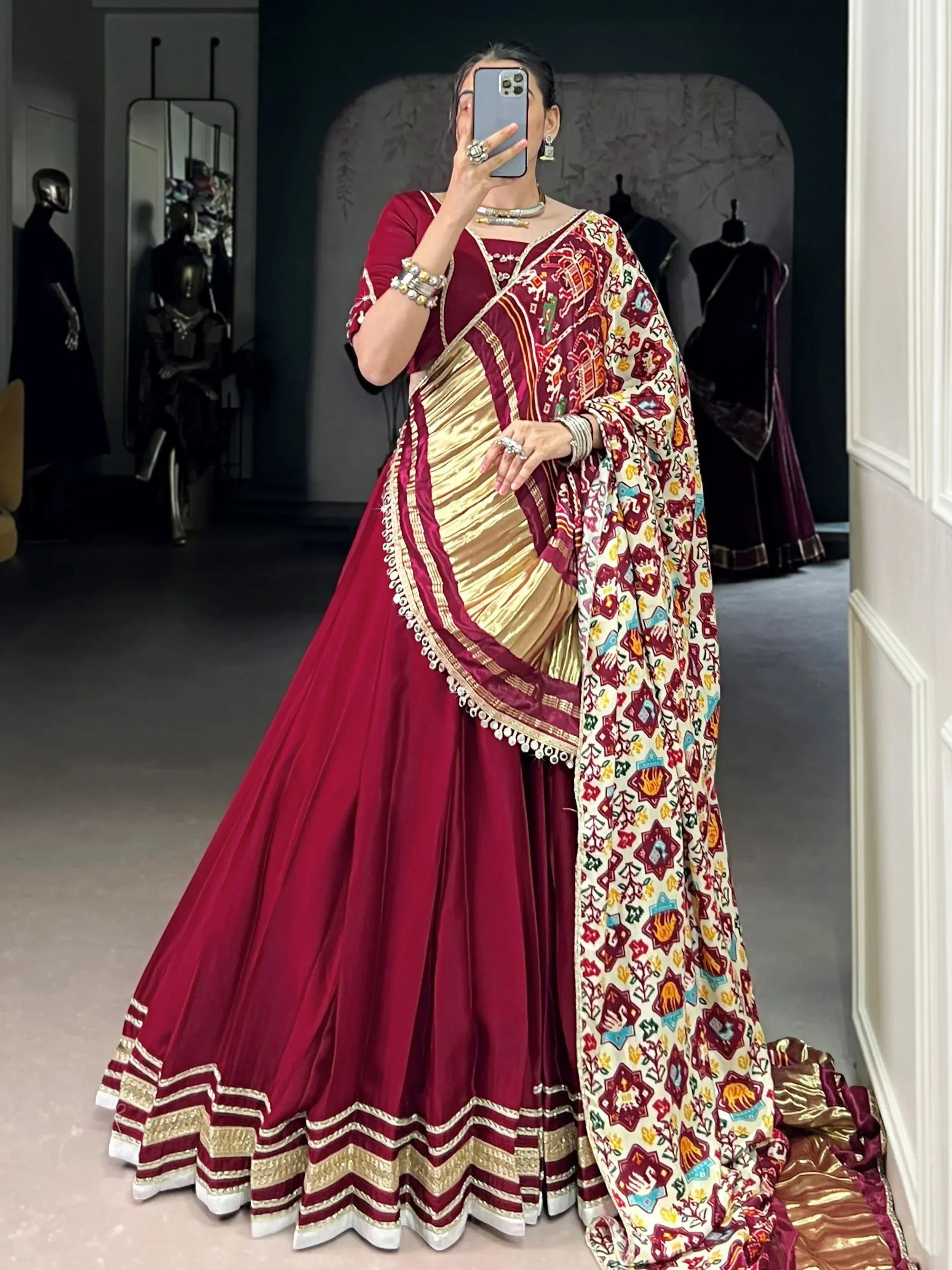Maroon and gold designer lehenga choli with printed dupatta, ethnic Indian wear for weddings