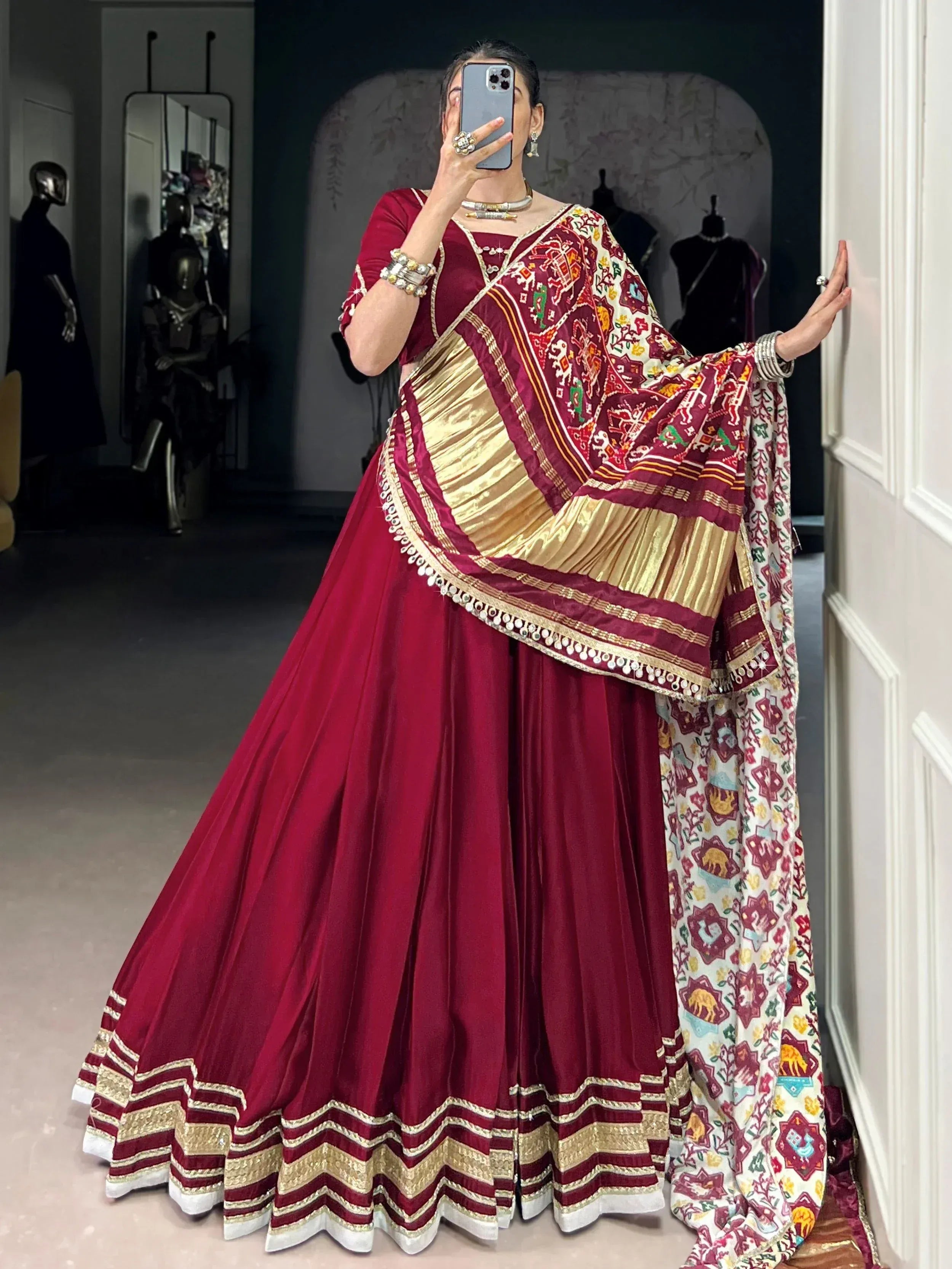 Maroon lehenga choli with gold pleats and printed dupatta, Indian ethnic wear