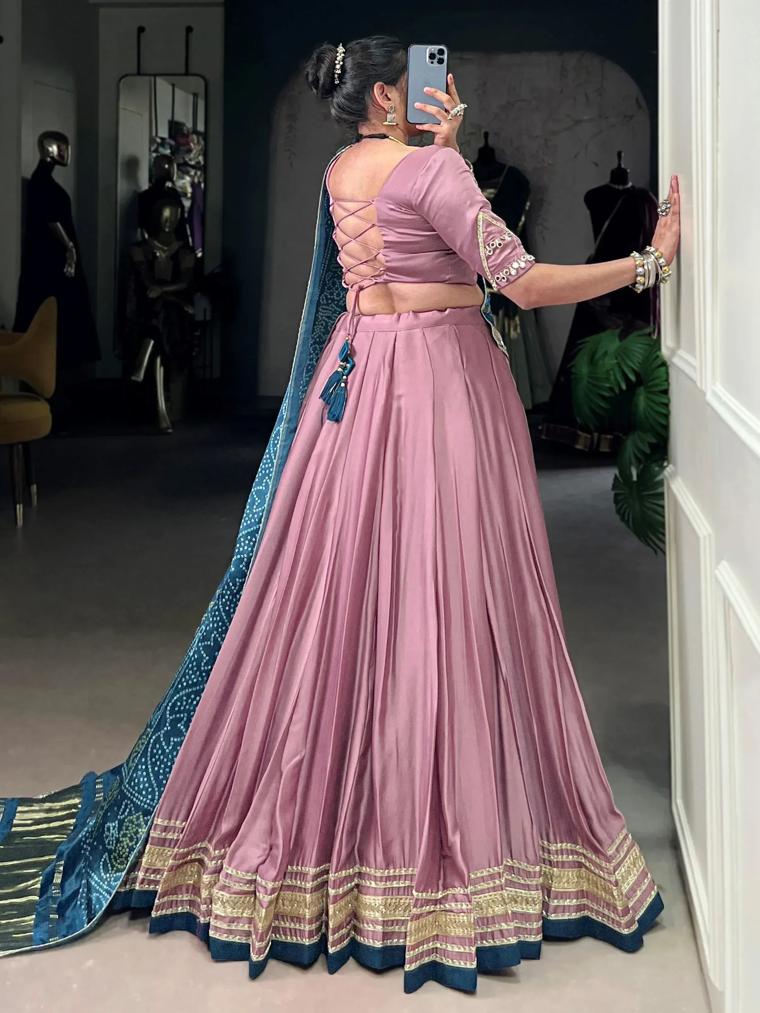 Pink lehenga choli with blue dupatta, back lace-up blouse, ethnic wear for women