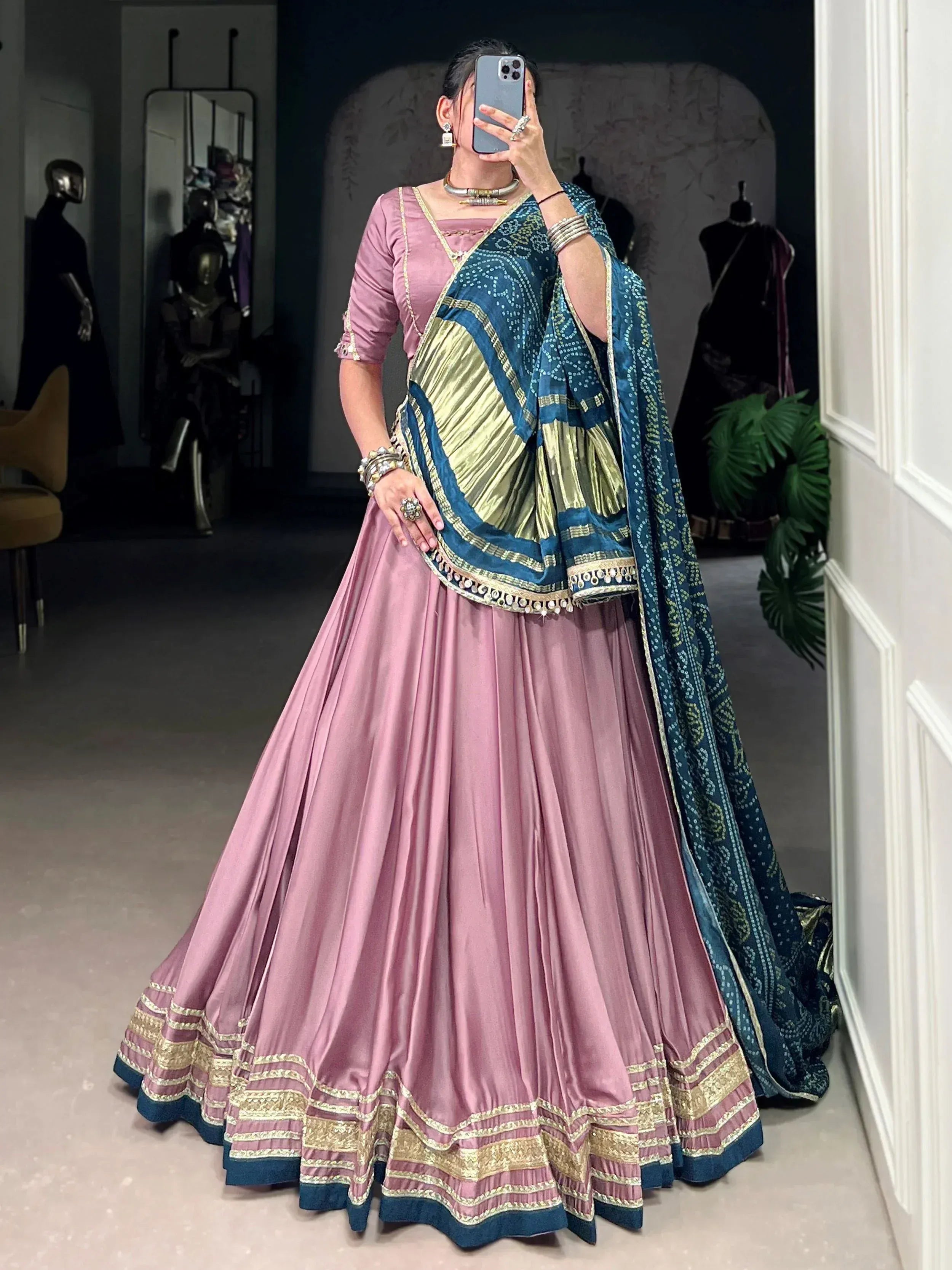Pink lehenga choli with blue and gold dupatta, Indian ethnic wear for women