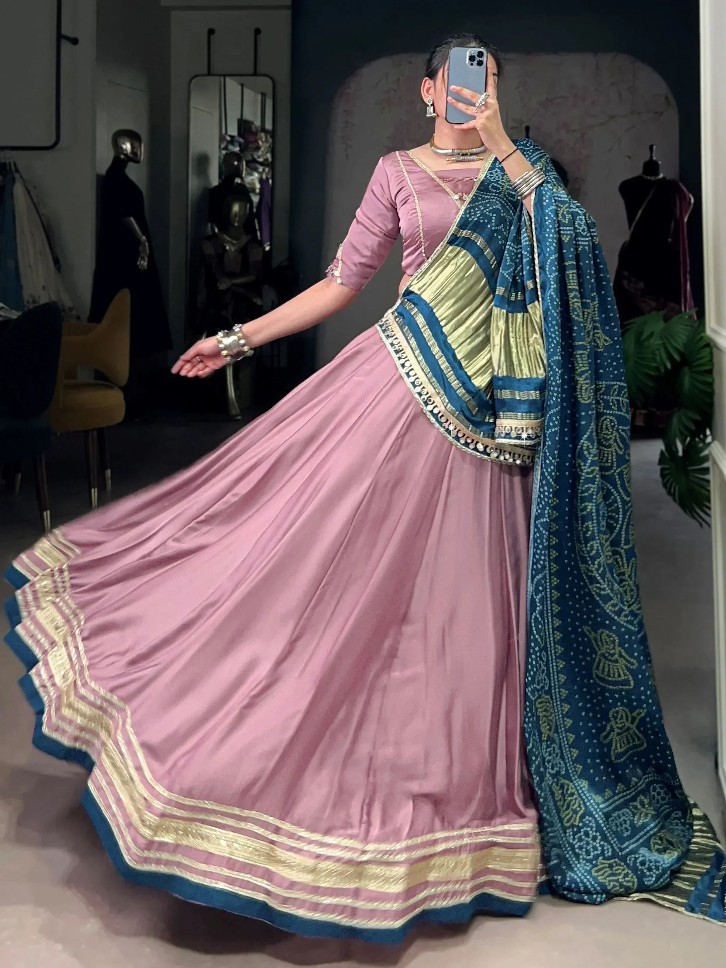 Pink designer lehenga choli with blue printed dupatta, ethnic Indian wear for weddings and parties