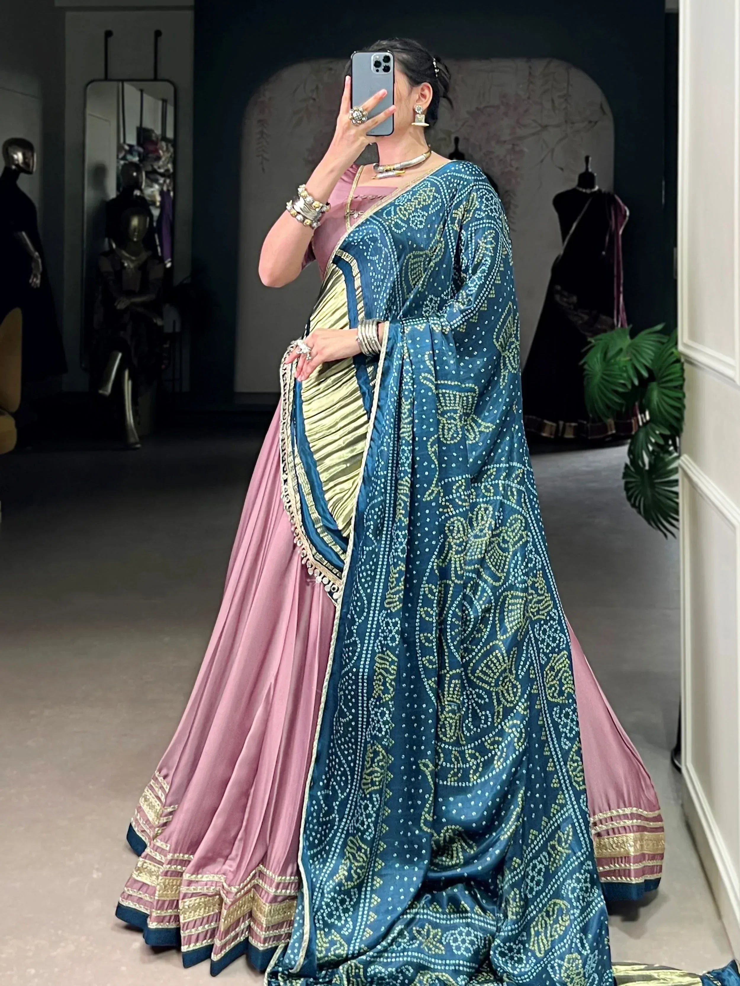 Pink and blue designer lehenga choli with embroidered dupatta, ethnic Indian wear