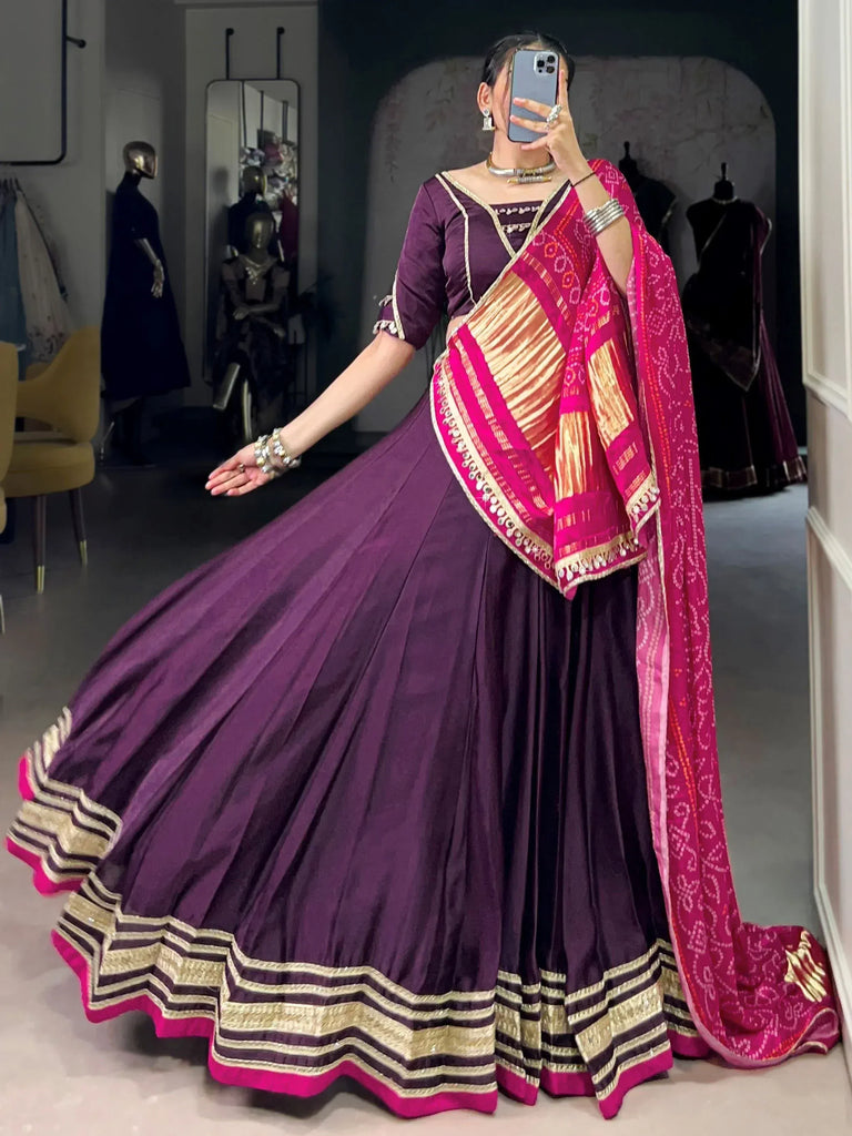 Purple designer lehenga choli with pink dupatta, ethnic Indian wear for weddings and festivals