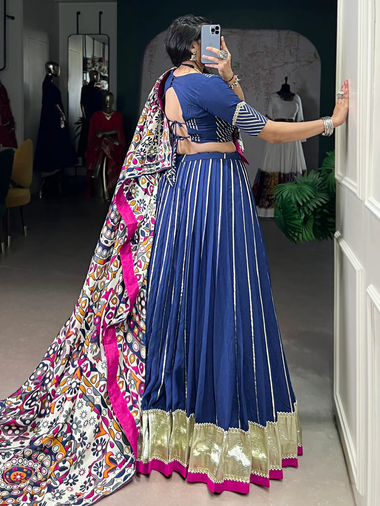 Precious Navy Blue Lace Work Silk Traditional Lehenga Choli With Dupatta