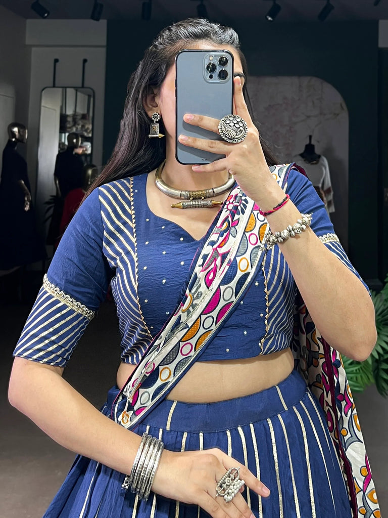 Precious Navy Blue Lace Work Silk Traditional Lehenga Choli With Dupatta