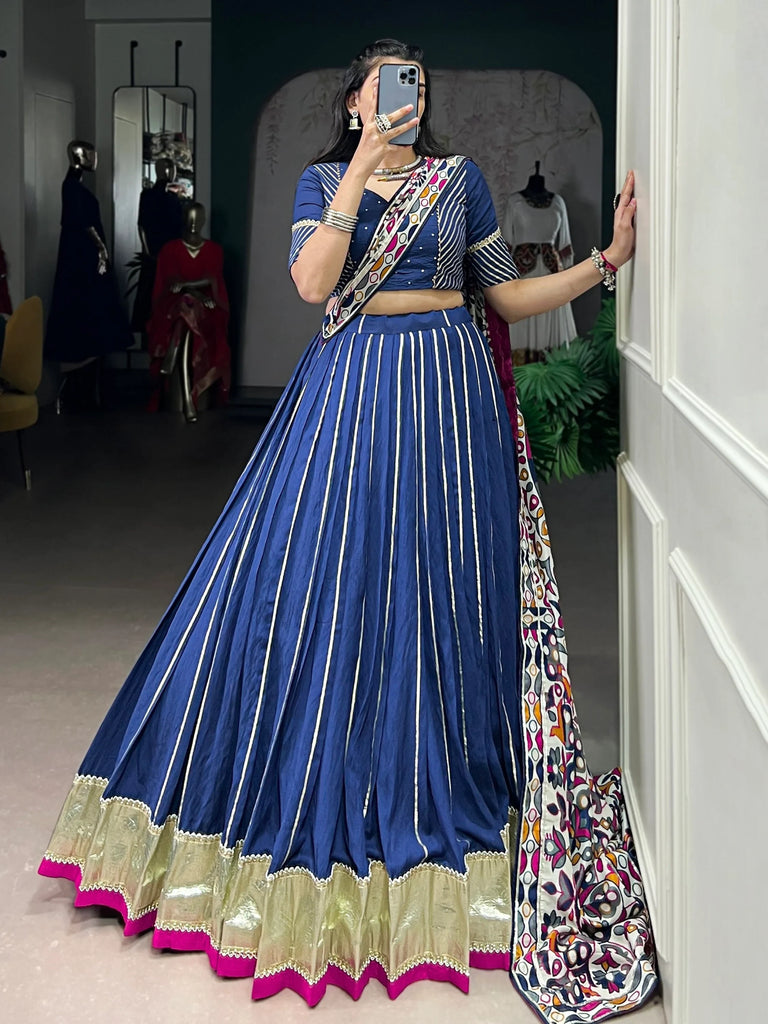 Precious Navy Blue Lace Work Silk Traditional Lehenga Choli With Dupatta