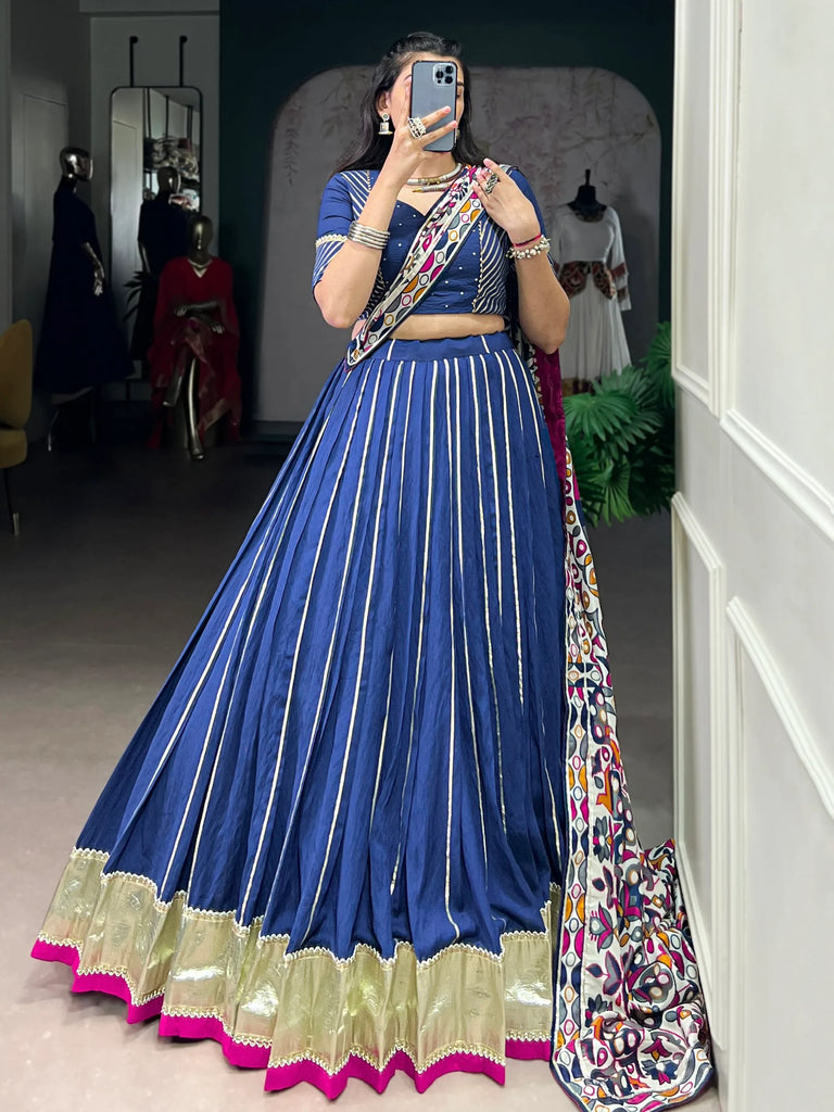 Precious Navy Blue Lace Work Silk Traditional Lehenga Choli With Dupatta