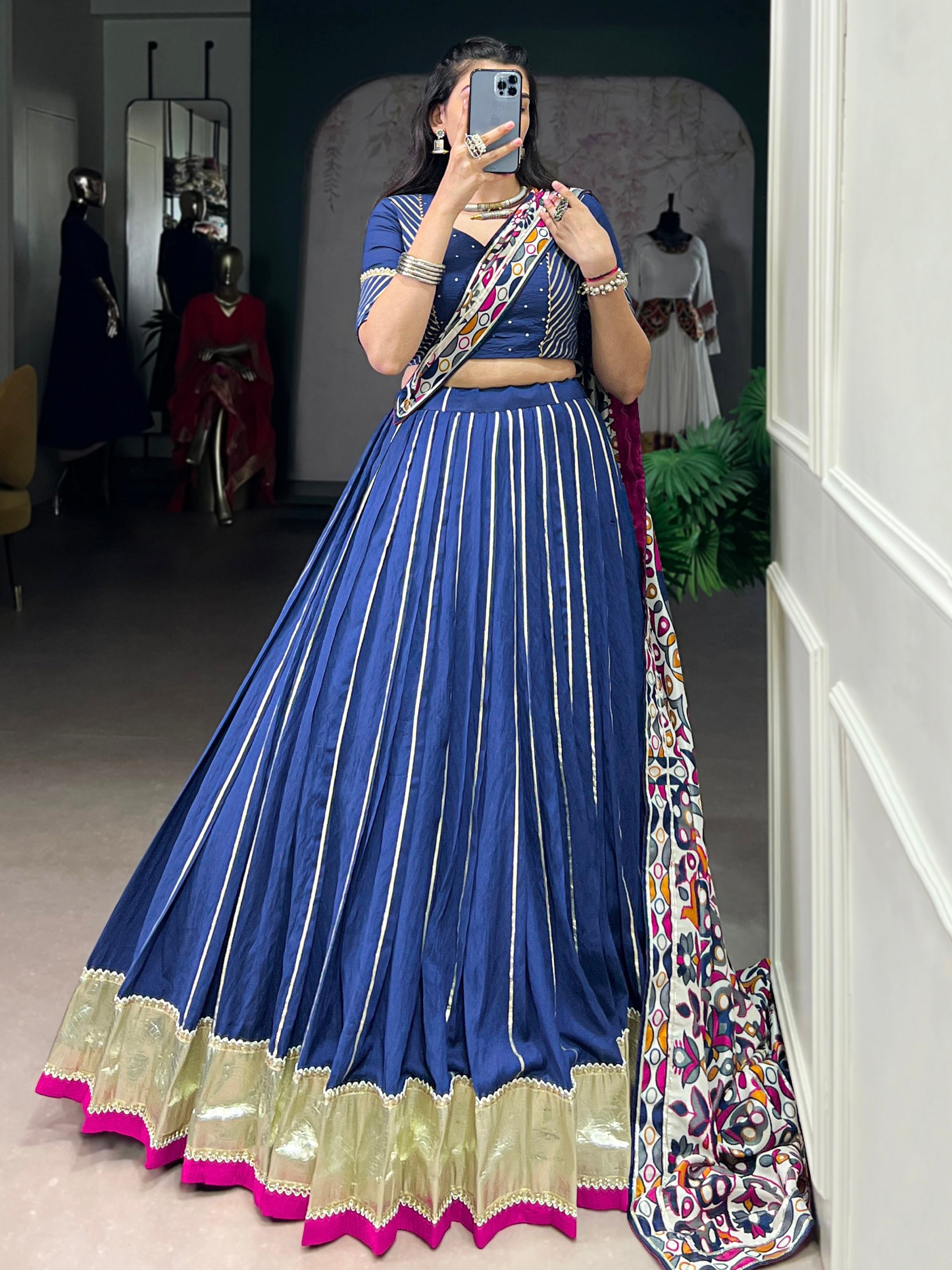 Precious Navy Blue Lace Work Silk Traditional Lehenga Choli With Dupatta