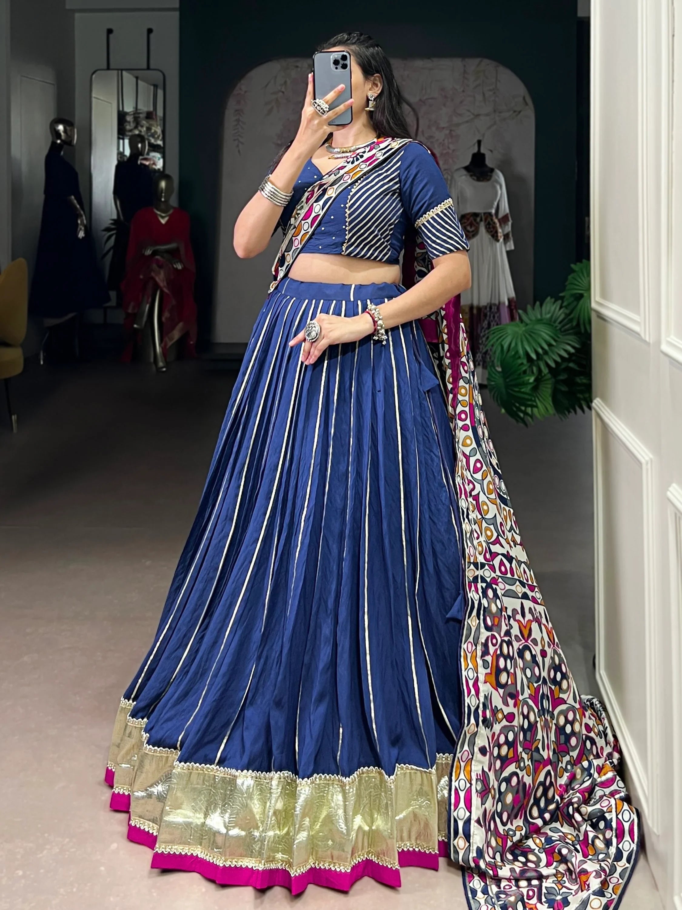 Precious Navy Blue Lace Work Silk Traditional Lehenga Choli With Dupatta