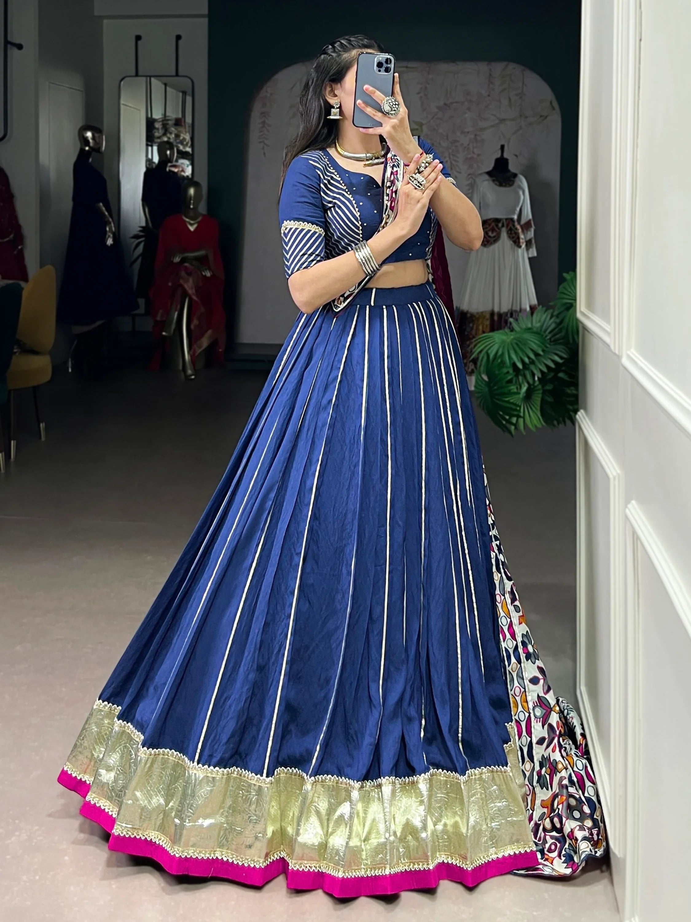 Precious Navy Blue Lace Work Silk Traditional Lehenga Choli With Dupatta