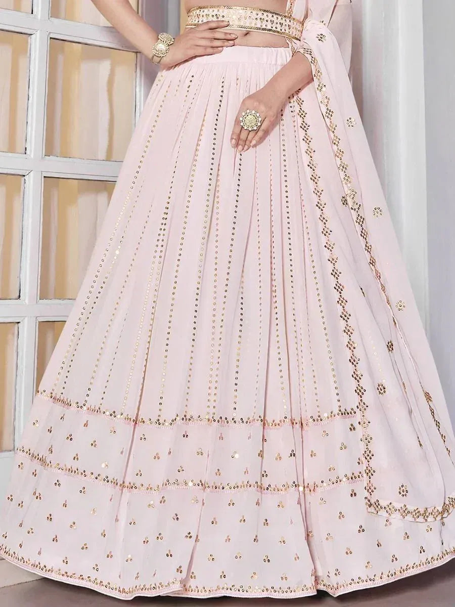 Pink lehenga choli with gold mirror work and embroidery, Indian ethnic wear for women