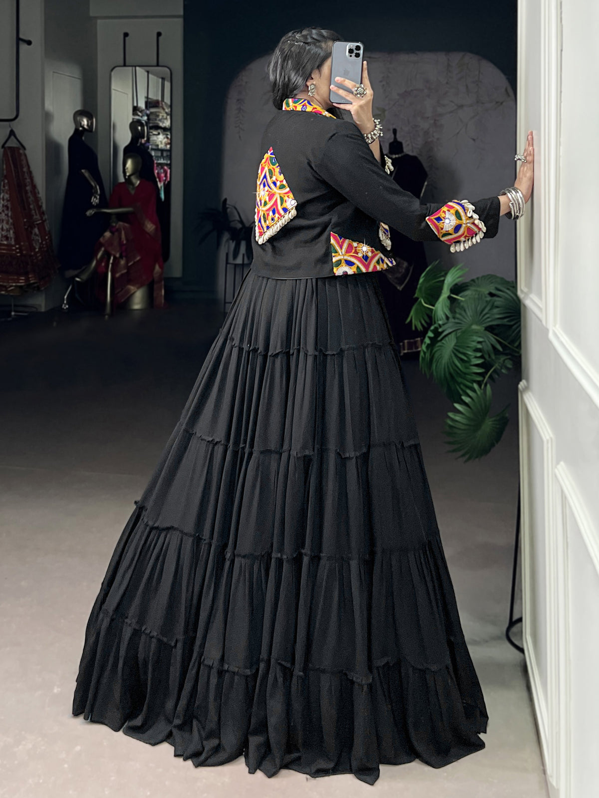 Stupendous Black Gamathi Work Navratri Special Lehenga Choli With Jacket