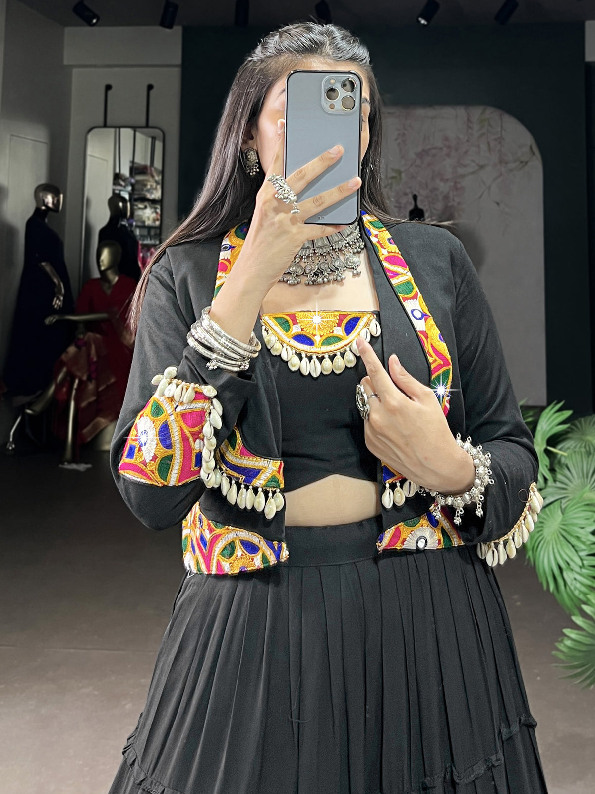 Stupendous Black Gamathi Work Navratri Special Lehenga Choli With Jacket
