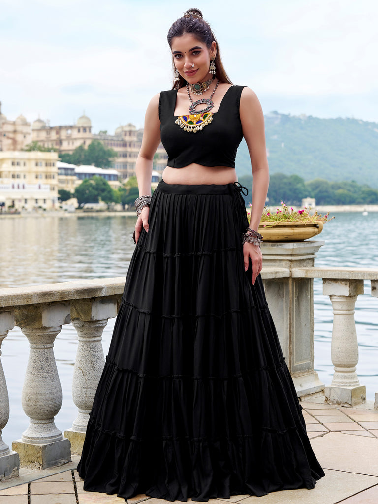 Terrific Black Gamathi Work Rayon Navratri Wear Lehenga Choli With Jacket