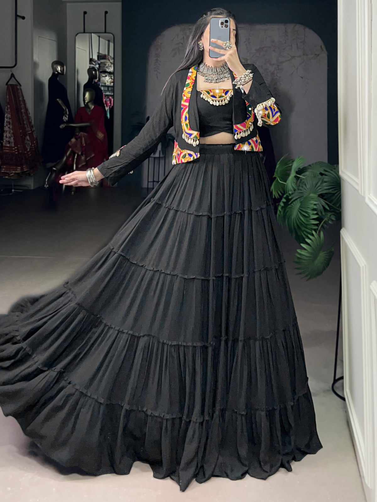 Stupendous Black Gamathi Work Navratri Special Lehenga Choli With Jacket