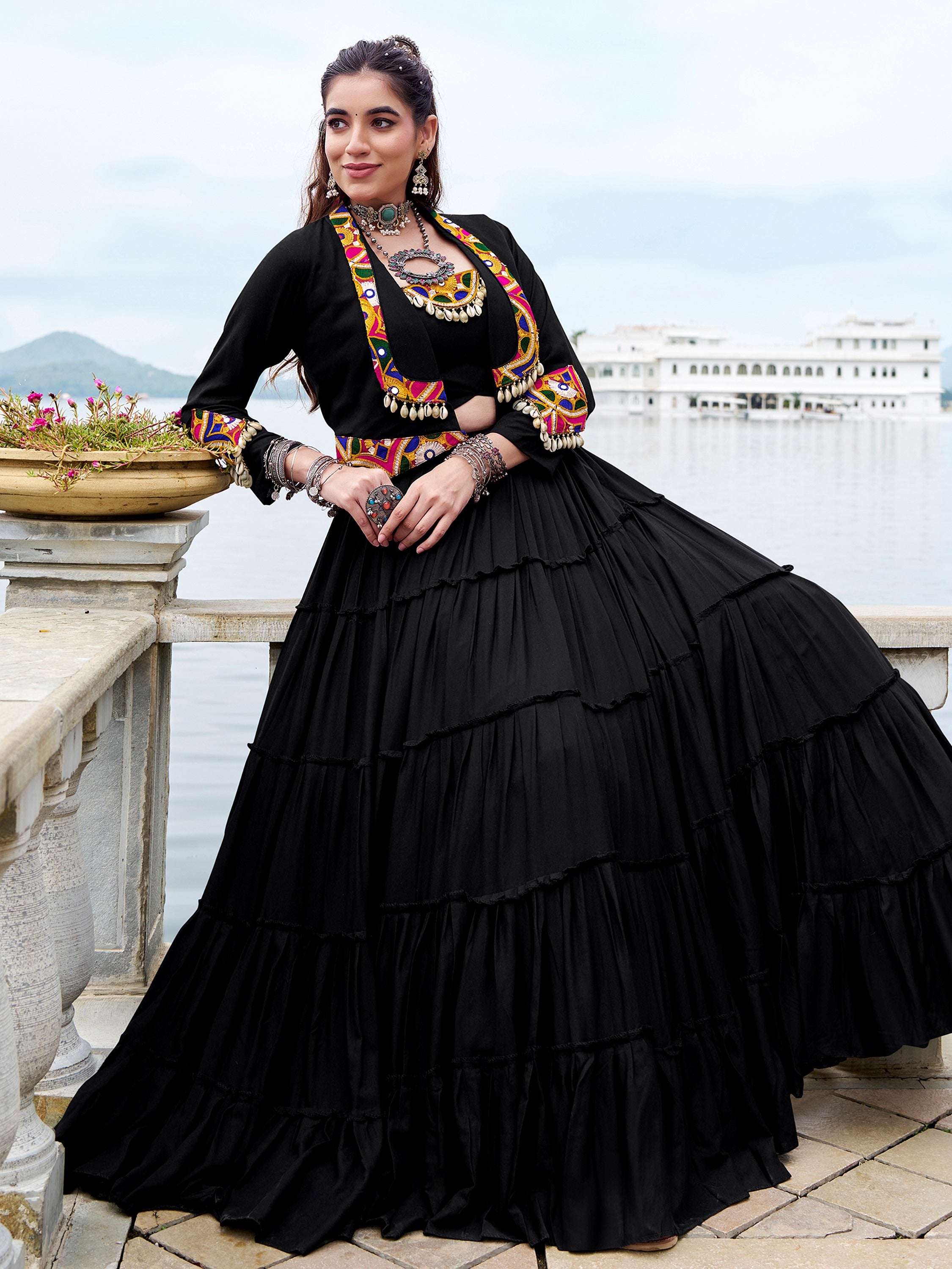 Terrific Black Gamathi Work Rayon Navratri Wear Lehenga Choli With Jacket