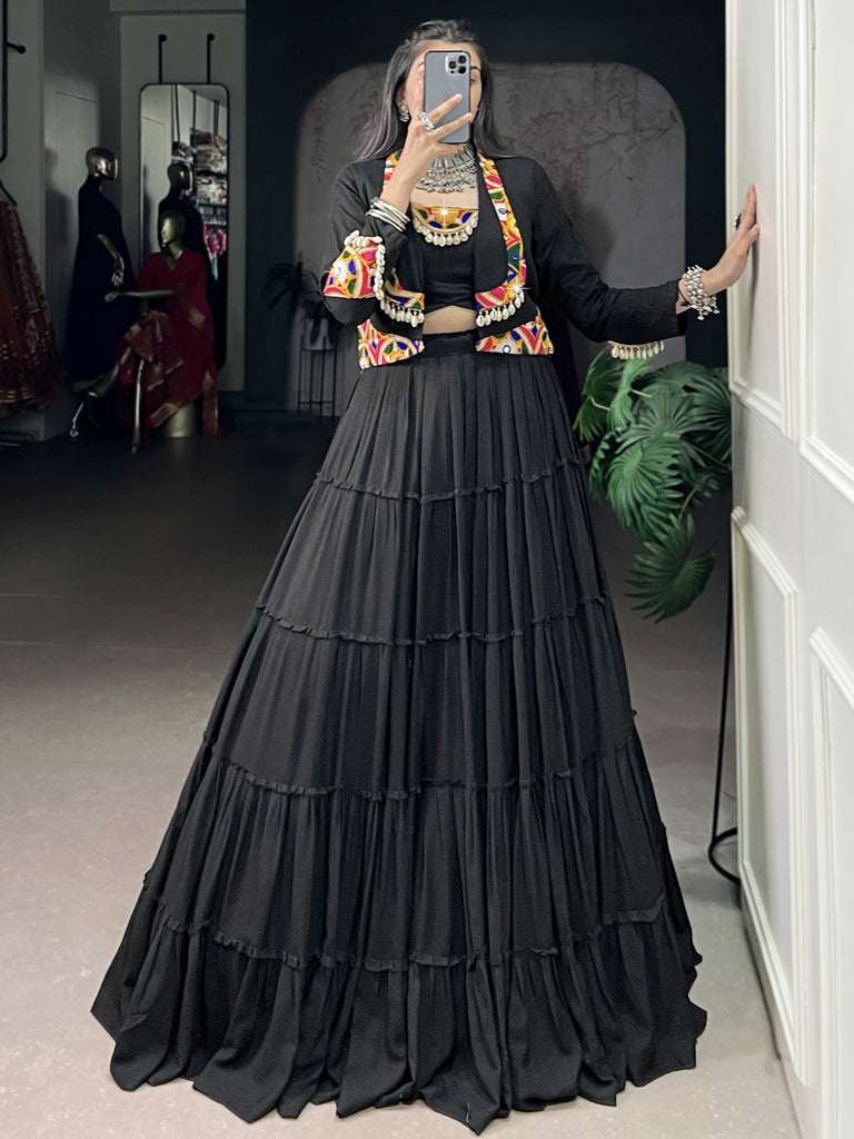 Stupendous Black Gamathi Work Navratri Special Lehenga Choli With Jacket