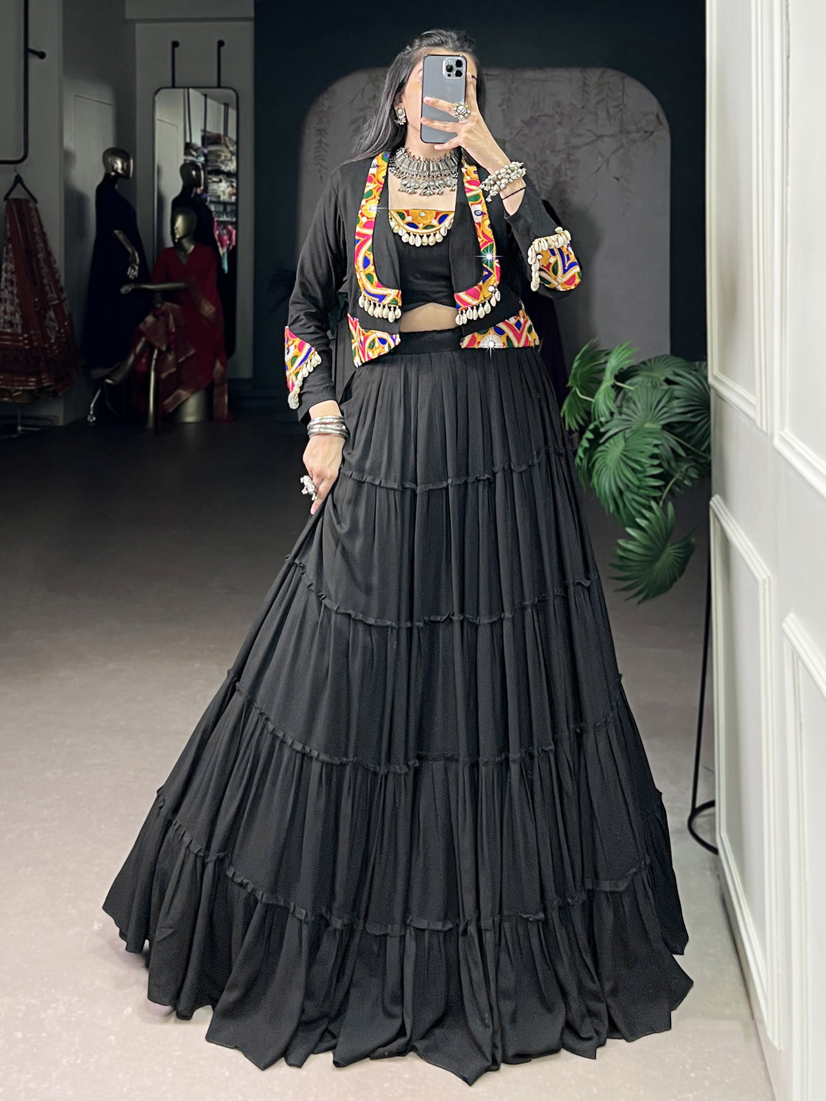 Stupendous Black Gamathi Work Navratri Special Lehenga Choli With Jacket