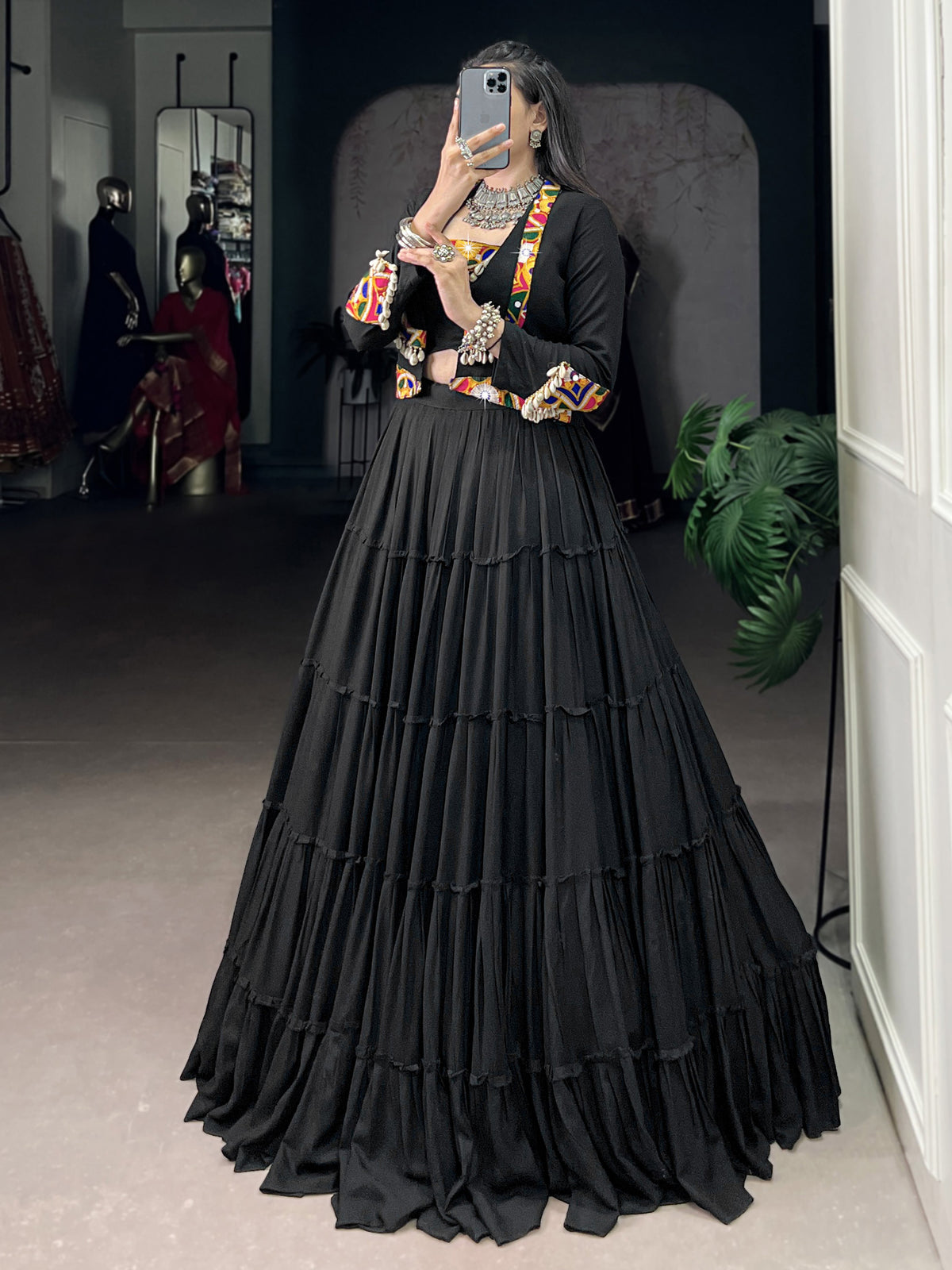 Stupendous Black Gamathi Work Navratri Special Lehenga Choli With Jacket
