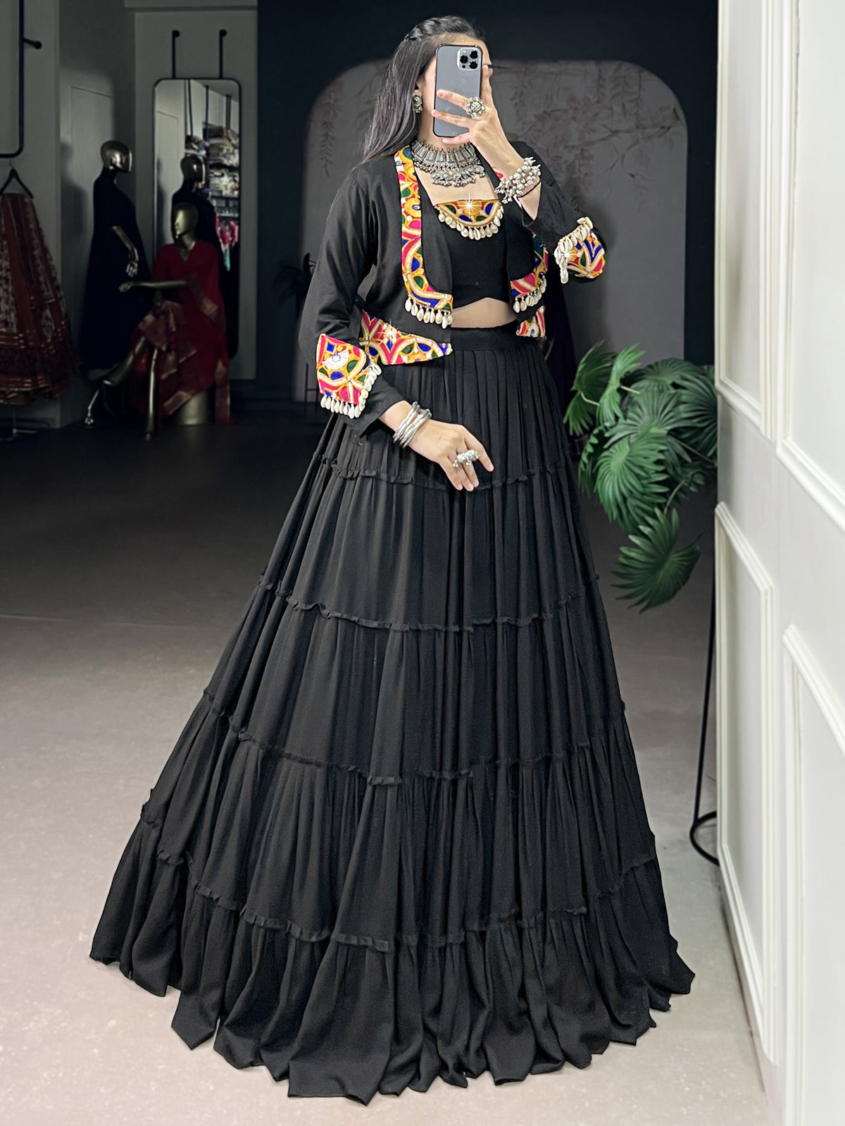 Stupendous Black Gamathi Work Navratri Special Lehenga Choli With Jacket