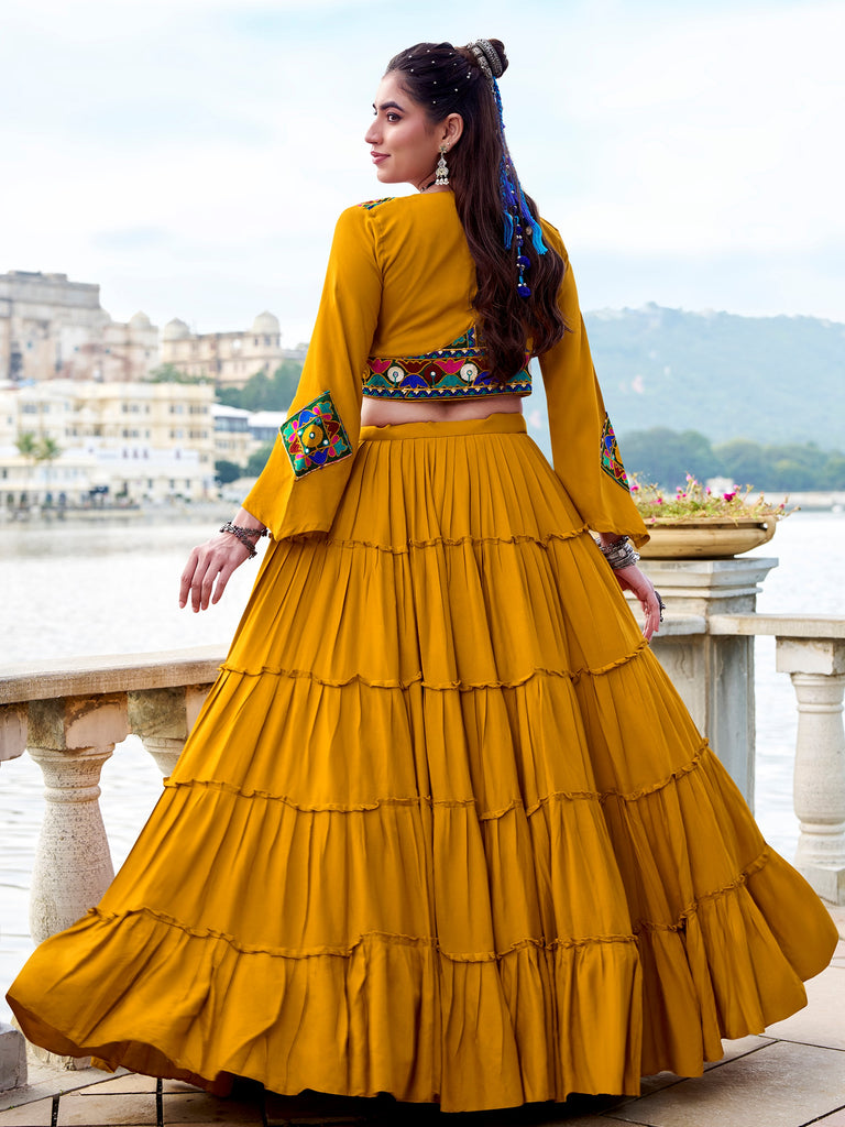 Rich Mustard Yellow Gamathi Work Navratri Wear Lehenga Choli With Jacket