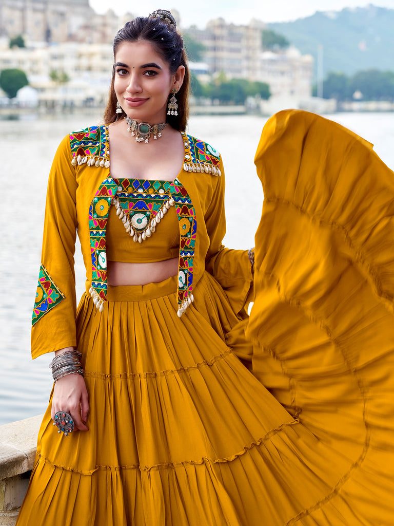 Rich Mustard Yellow Gamathi Work Navratri Wear Lehenga Choli With Jacket