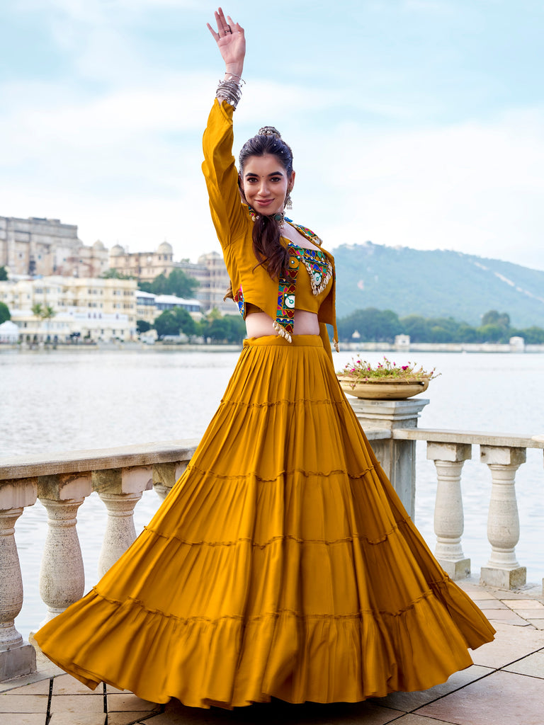 Rich Mustard Yellow Gamathi Work Navratri Wear Lehenga Choli With Jacket