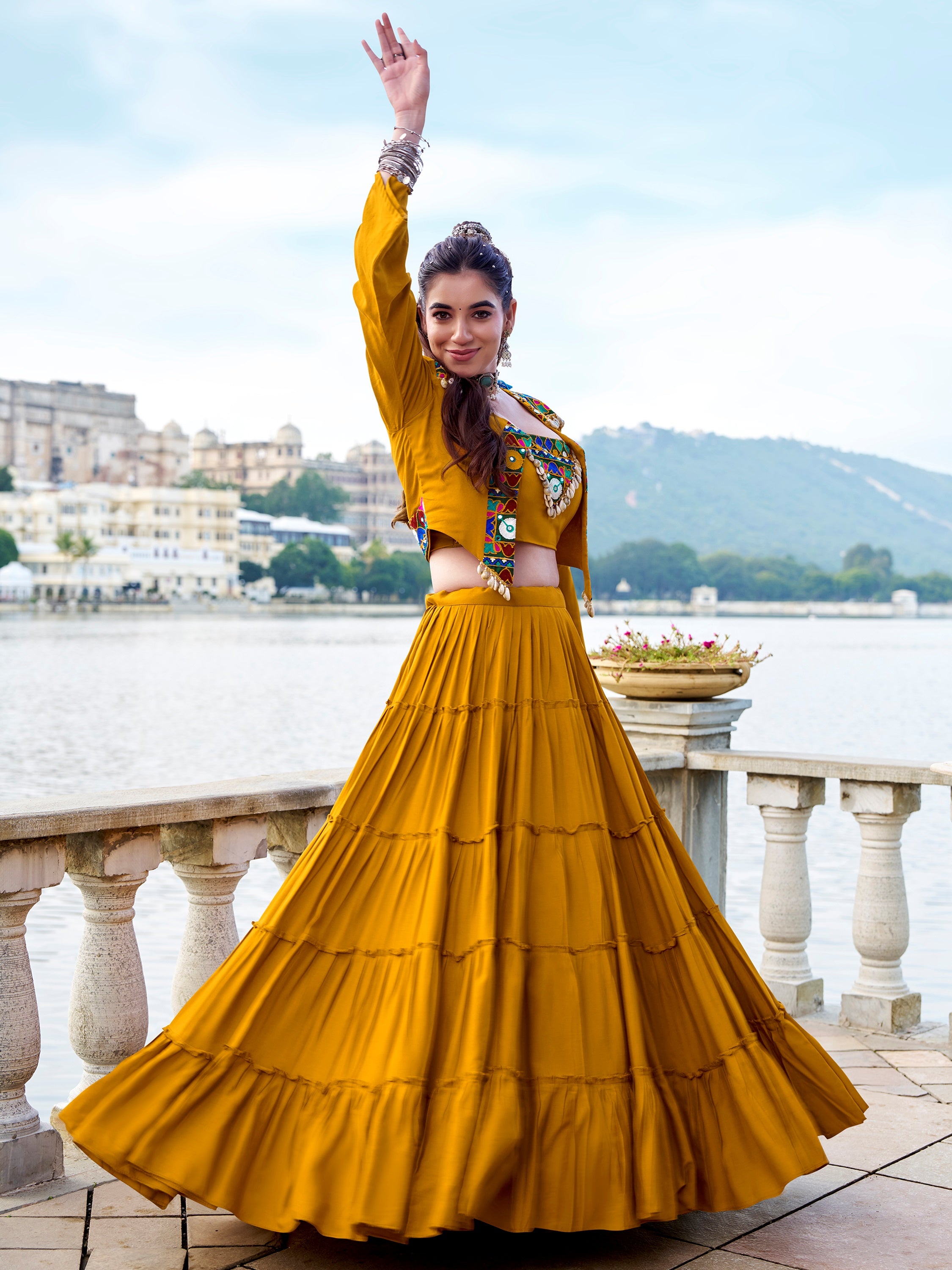 Rich Mustard Yellow Gamathi Work Navratri Wear Lehenga Choli With Jacket
