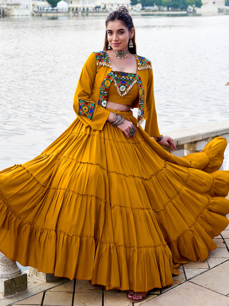 Rich Mustard Yellow Gamathi Work Navratri Wear Lehenga Choli With Jacket