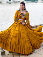 Rich Mustard Yellow Gamathi Work Navratri Wear Lehenga Choli With Jacket