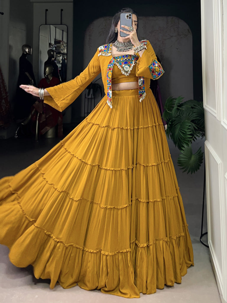 Rich Mustard Yellow Mirror Work Rayon Navratri Lehenga Choli With Jacket