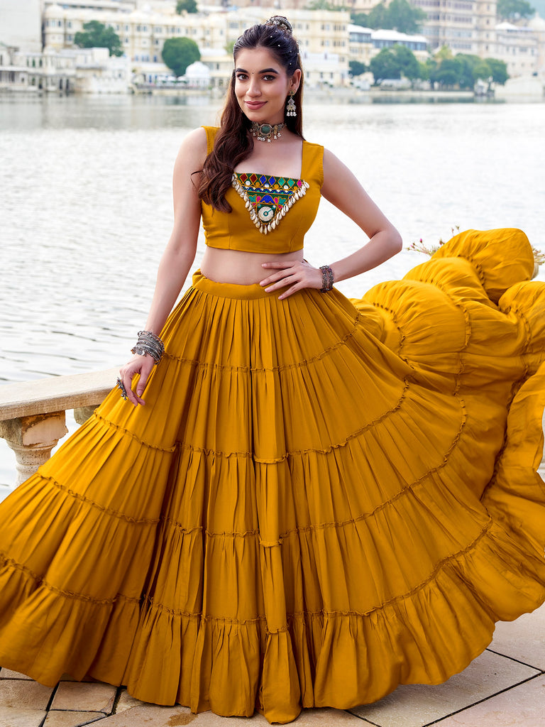 Rich Mustard Yellow Gamathi Work Navratri Wear Lehenga Choli With Jacket