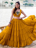 Rich Mustard Yellow Gamathi Work Navratri Wear Lehenga Choli With Jacket
