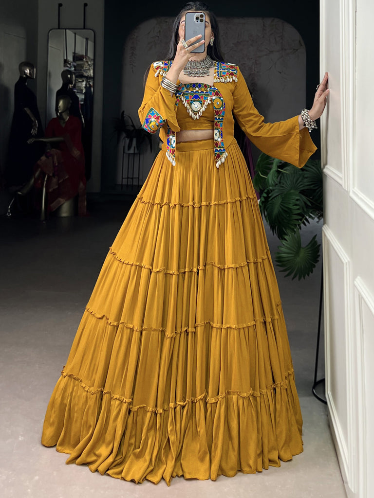 Rich Mustard Yellow Mirror Work Rayon Navratri Lehenga Choli With Jacket