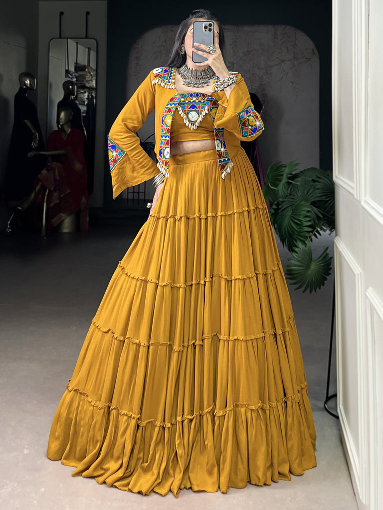 Rich Mustard Yellow Mirror Work Rayon Navratri Lehenga Choli With Jacket