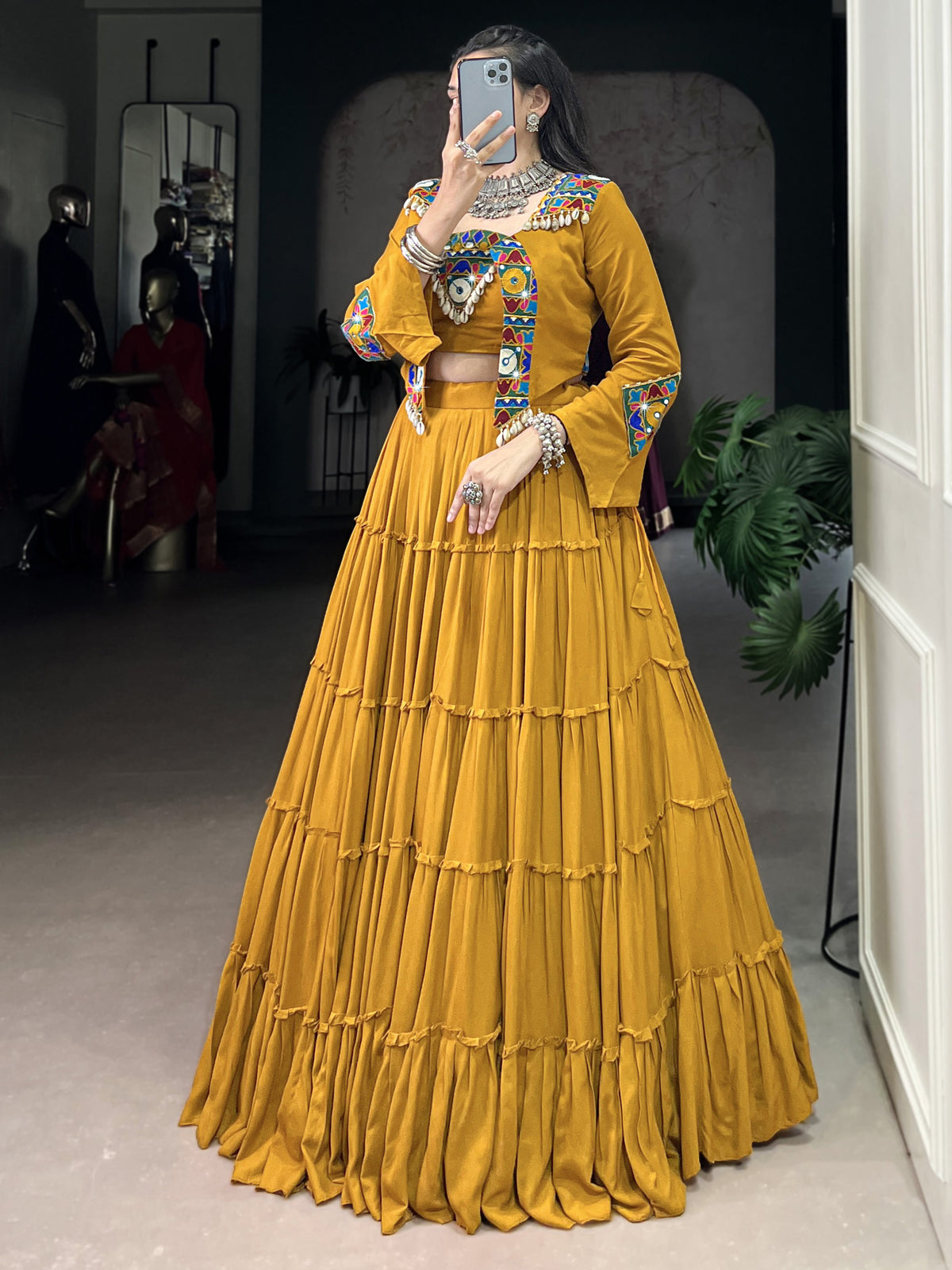 Rich Mustard Yellow Mirror Work Rayon Navratri Lehenga Choli With Jacket