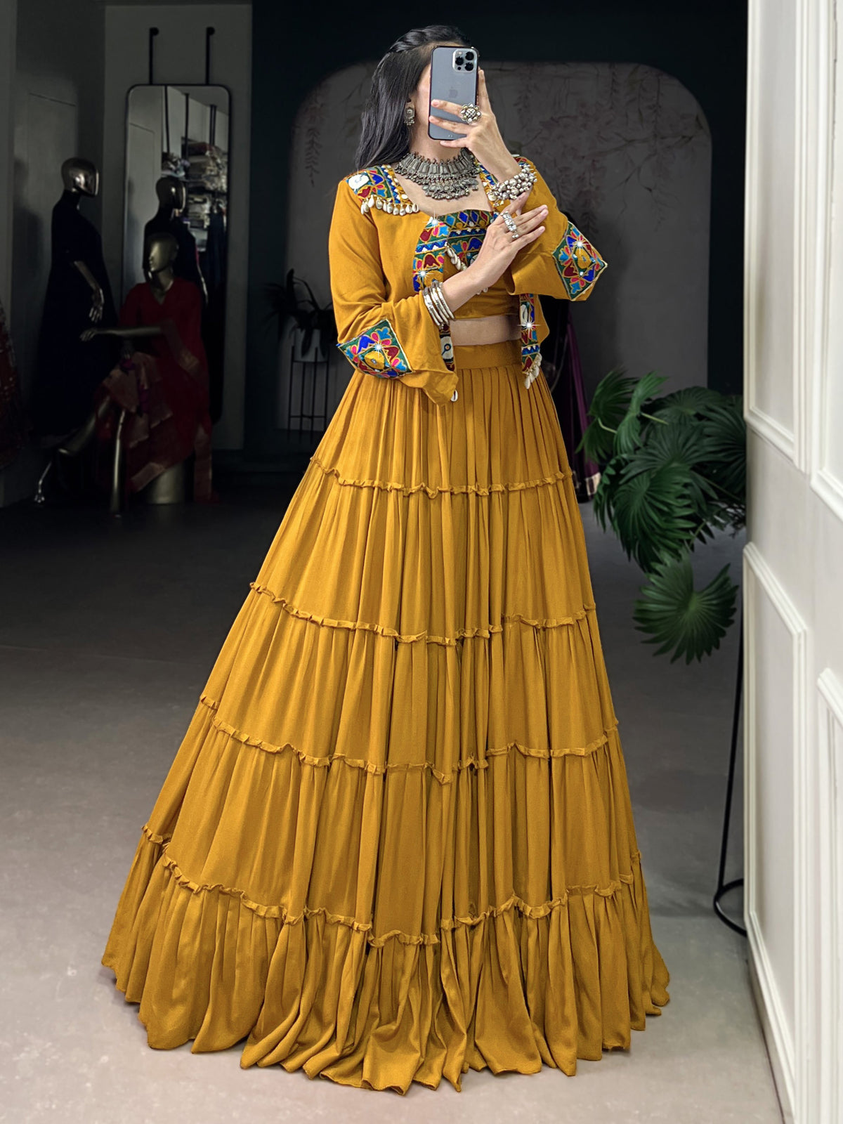 Rich Mustard Yellow Mirror Work Rayon Navratri Lehenga Choli With Jacket