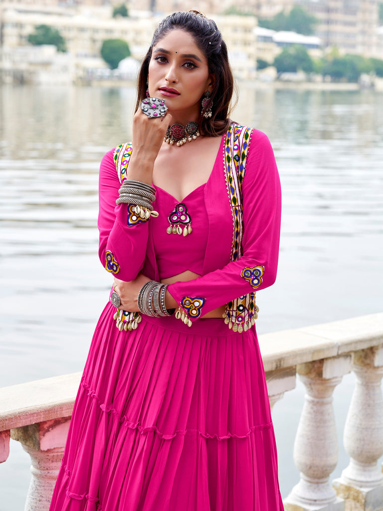 Pretty Pink Gamathi Work Rayon Navratri Wear Lehenga Choli With Jacket