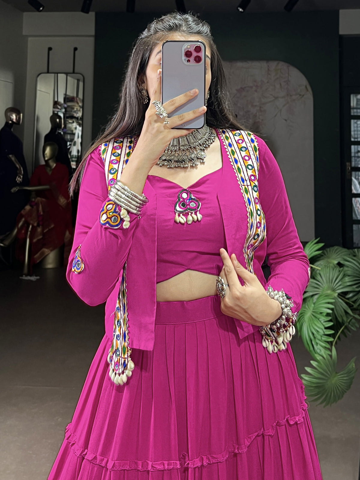 Awesome Pink Mirror Work Rayon Navratri Wear Lehenga Choli With Jacket