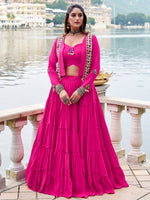 Pretty Pink Gamathi Work Rayon Navratri Wear Lehenga Choli With Jacket