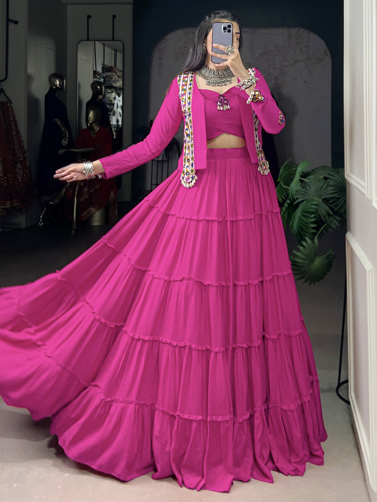 Awesome Pink Mirror Work Rayon Navratri Wear Lehenga Choli With Jacket