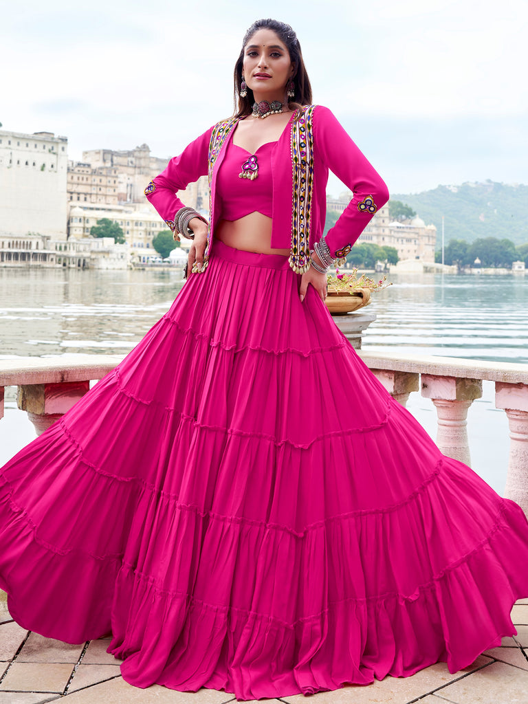 Pretty Pink Gamathi Work Rayon Navratri Wear Lehenga Choli With Jacket