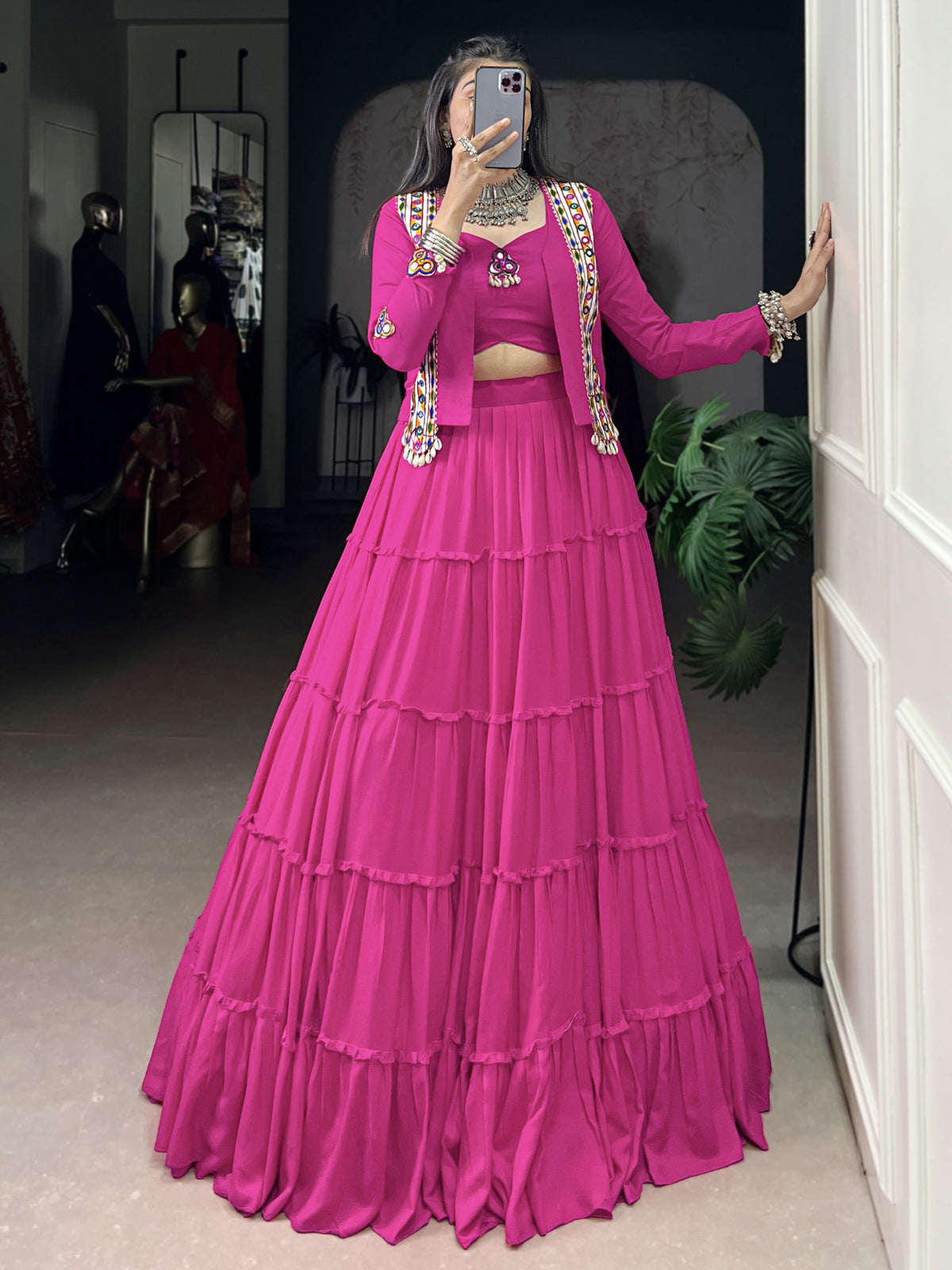 Awesome Pink Mirror Work Rayon Navratri Wear Lehenga Choli With Jacket