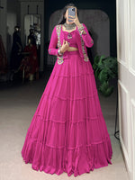 Awesome Pink Mirror Work Rayon Navratri Wear Lehenga Choli With Jacket