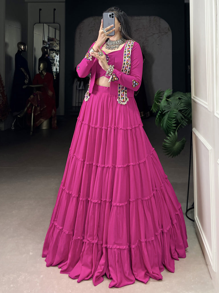 Awesome Pink Mirror Work Rayon Navratri Wear Lehenga Choli With Jacket
