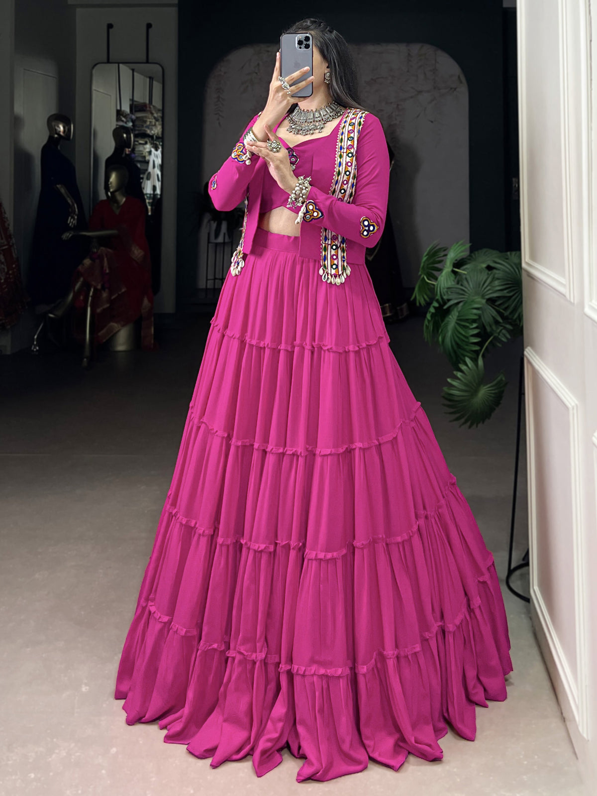 Awesome Pink Mirror Work Rayon Navratri Wear Lehenga Choli With Jacket