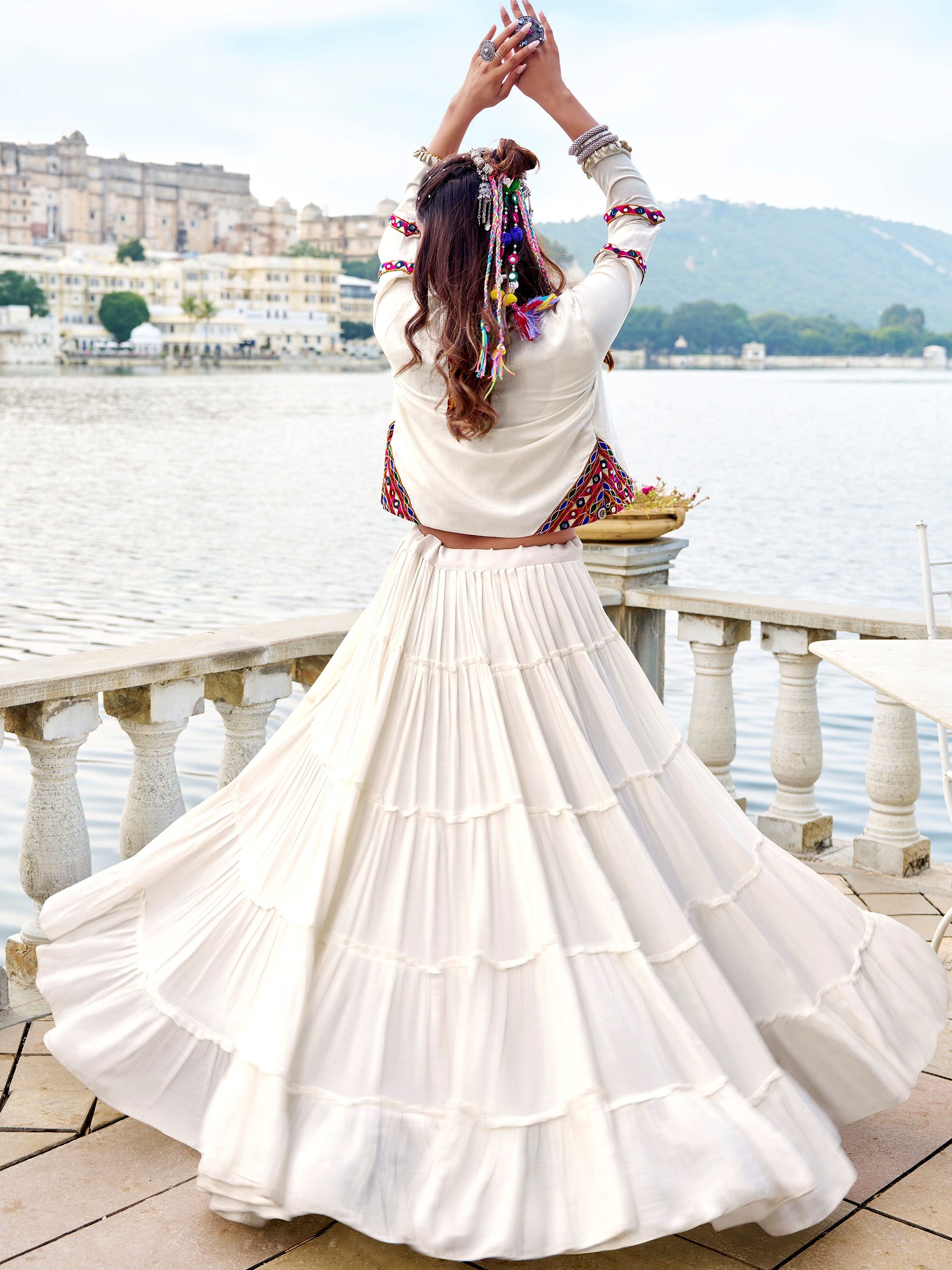 Phenomenal White Gamathi Work Rayon Navratri Wear Lehenga Choli With Jacket